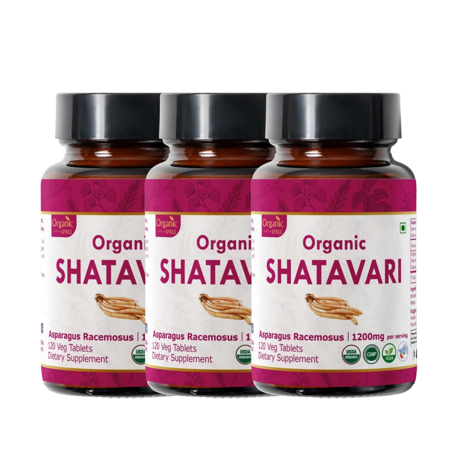 Organic Spree Shatavari tablets front label shows premium organic quality.