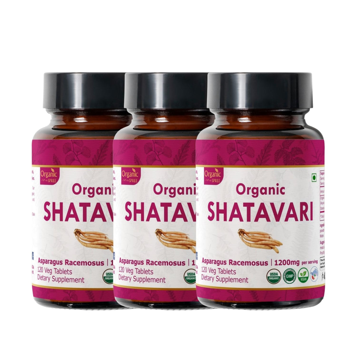 Organic Spree Shatavari tablets front label shows premium organic quality.