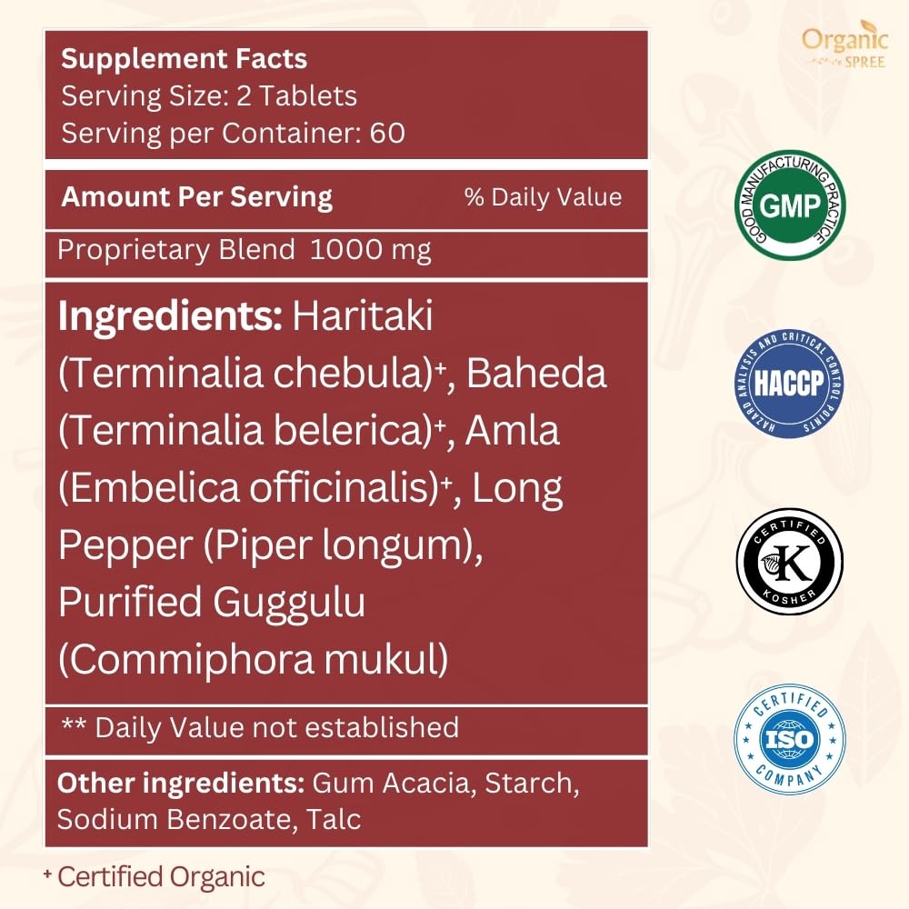 ORGANIC SPREE Triphala Guggulu label back detailing ingredients and certifications