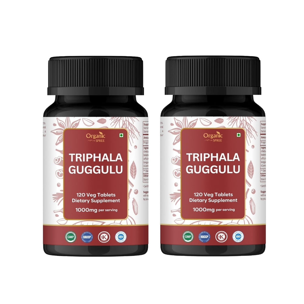 Organic Spree Triphala Guggulu tablets bottle pour for daily use.