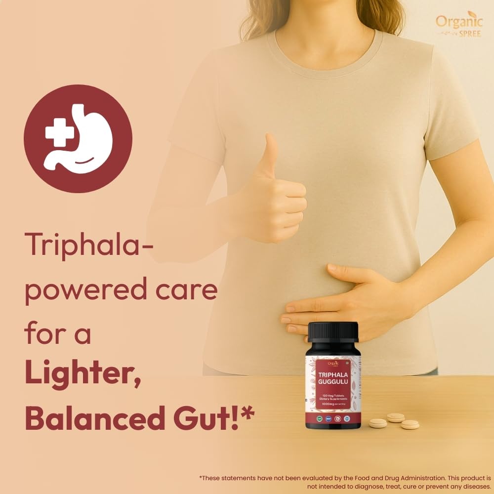 Organic Spree Triphala Guggulu tablets ingredient list highlights Amla and Haritaki.
