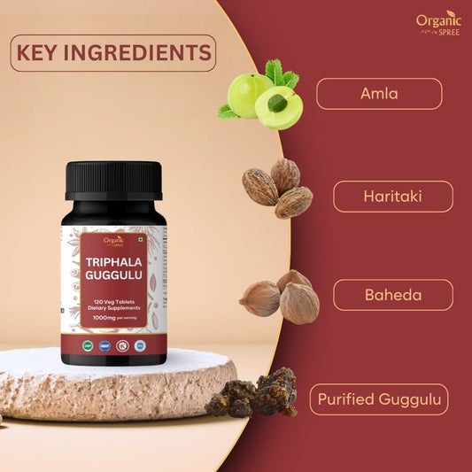 Organic Spree Triphala Guggulu tablets packaging front highlights key ingredients.