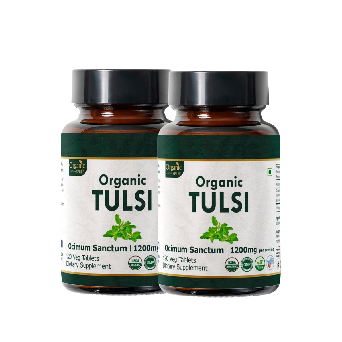 ORGANIC SPREE Tulsi bottle front showing 120 tablets for daily adaptogenic use