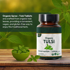 Close-up of ORGANIC SPREE Tulsi tablets for easy daily use