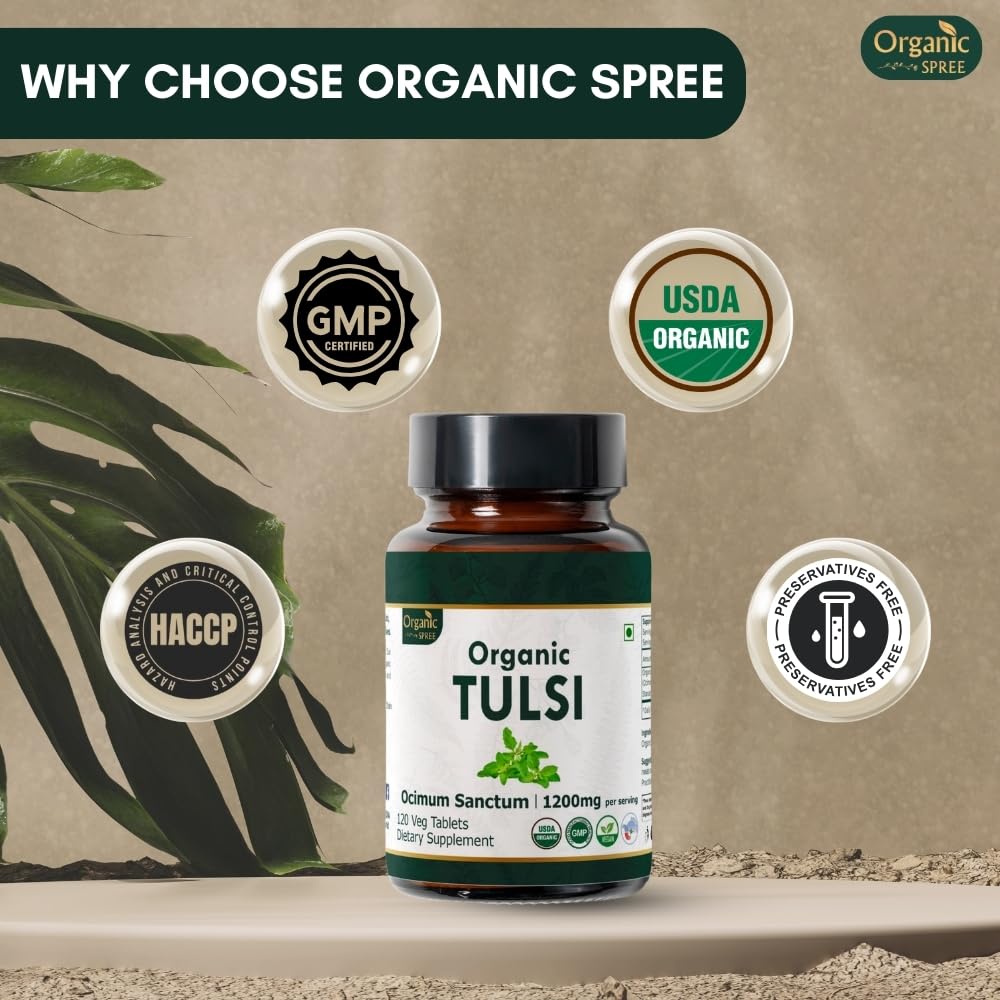 ORGANIC SPREE Tulsi tablets in GMP-certified facility imagery