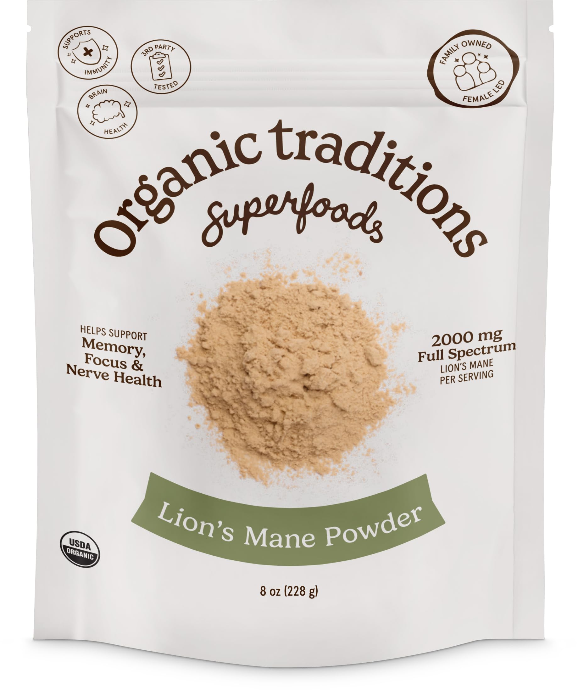 Organic Traditions Lion’s Mane Powder jar close-up highlighting clean, organic full-spectrum mushroom powder for daily cognitive nourishment.