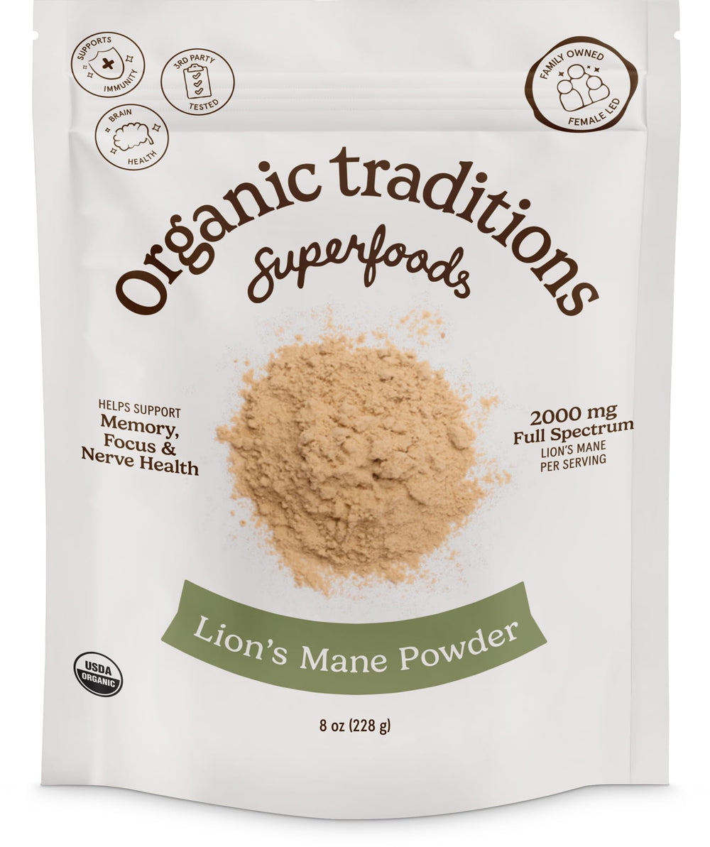 Organic Traditions Lion’s Mane Powder jar close-up highlighting clean, organic full-spectrum mushroom powder for daily cognitive nourishment.