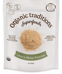 Organic Traditions Lion’s Mane Powder jar close-up highlighting clean, organic full-spectrum mushroom powder for daily cognitive nourishment.