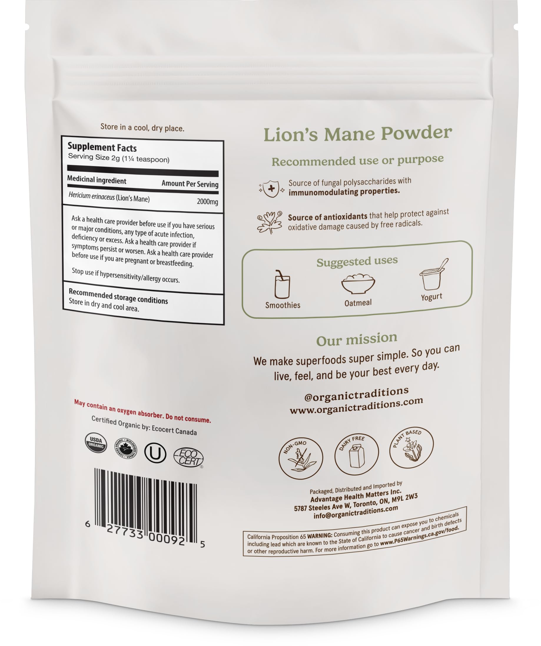 Organic Traditions Lion’s Mane Powder serving scoop, ideal for adding 2000 mg to smoothies.
