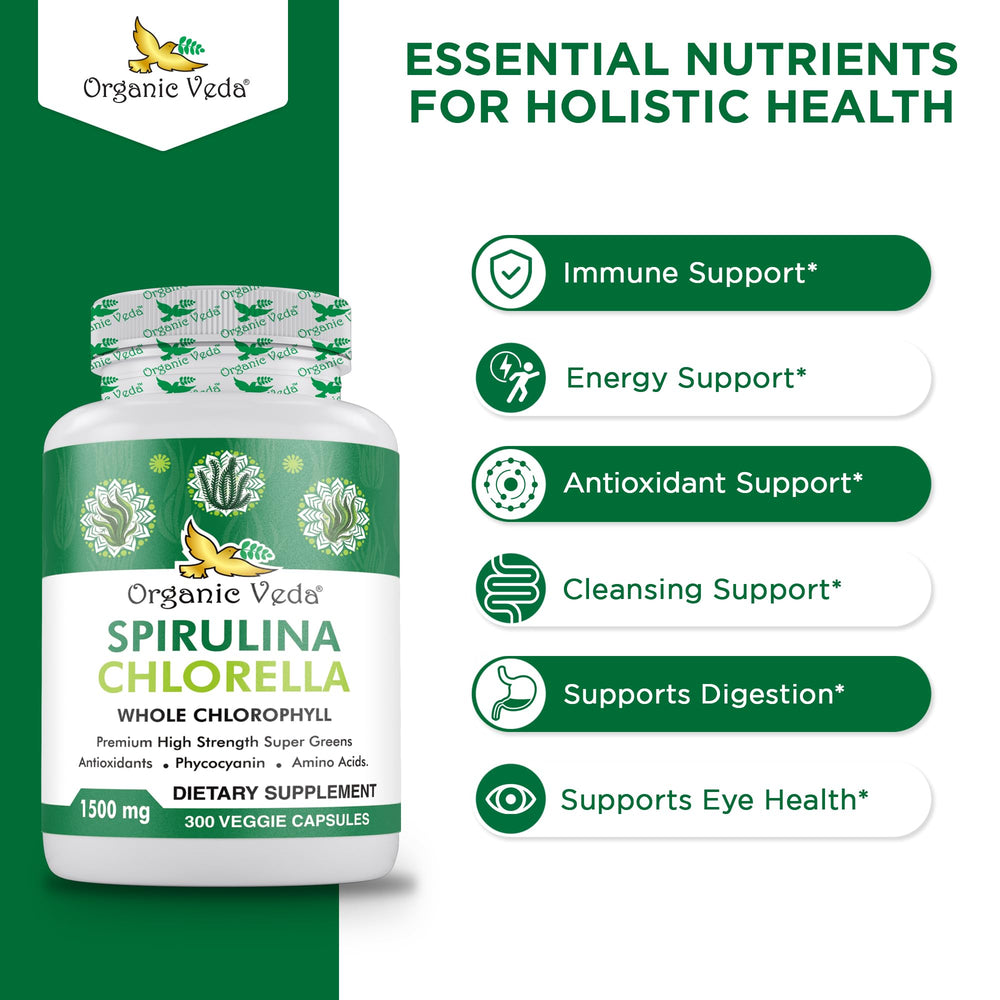 Morning routine with Organic Veda spirulina and chlorella for natural energy.