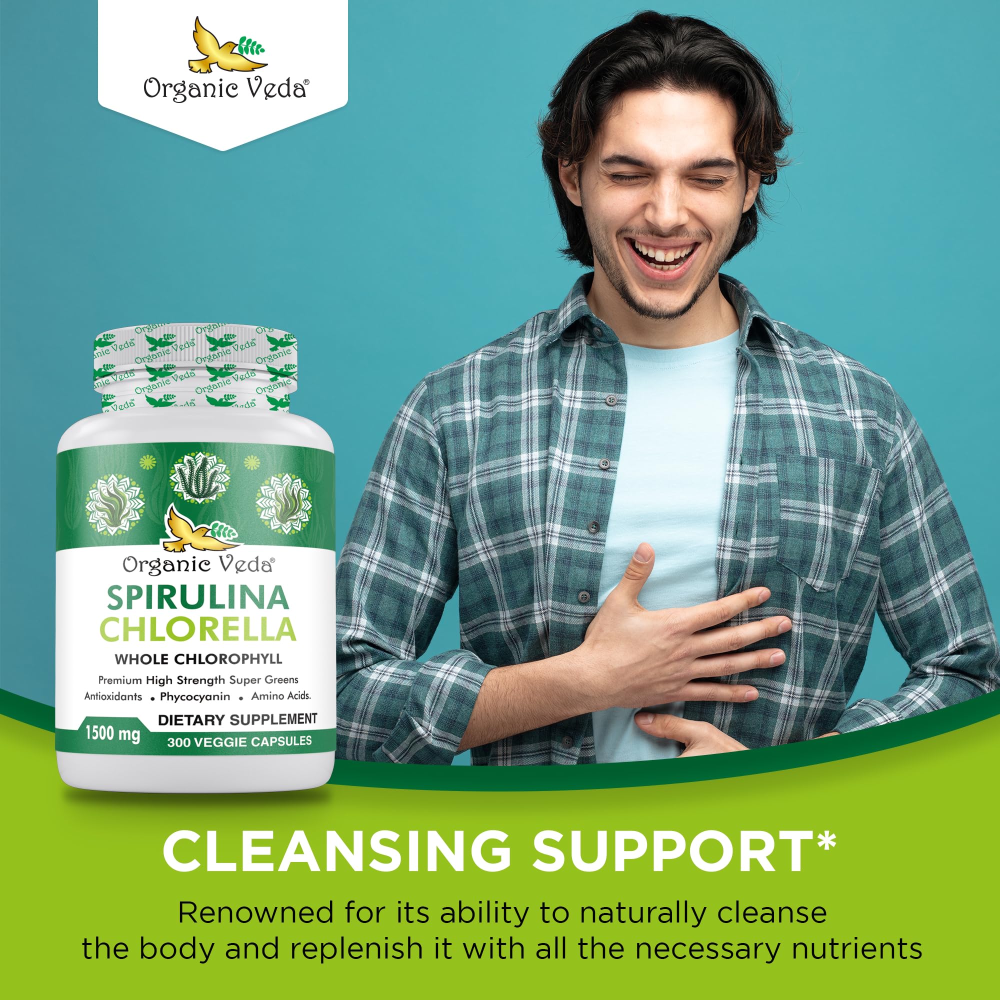 300-count bottle of Organic Veda capsules ready for daily use.