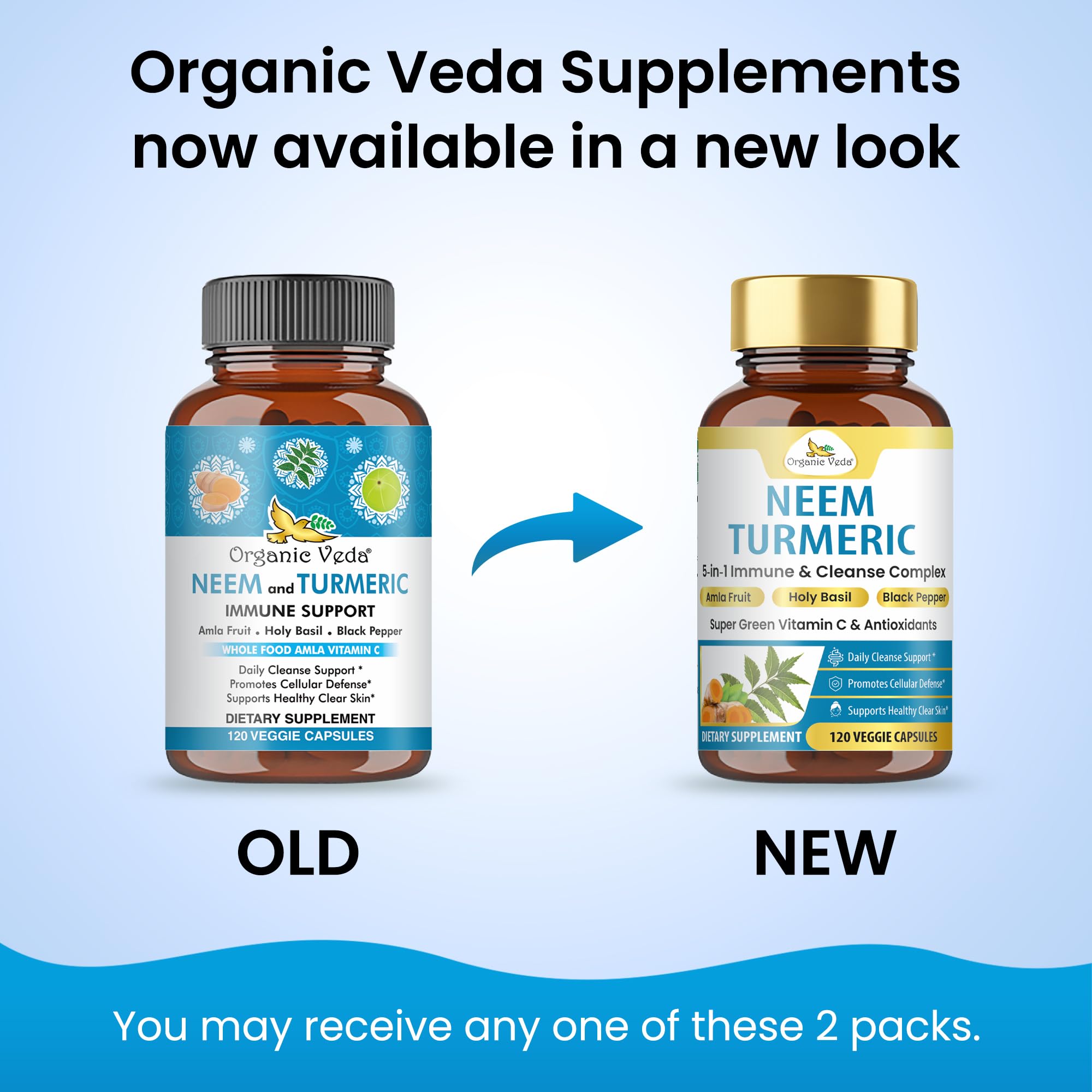Organic Veda 5-in-1 immune complex capsules on label highlights multi-benefit formula.