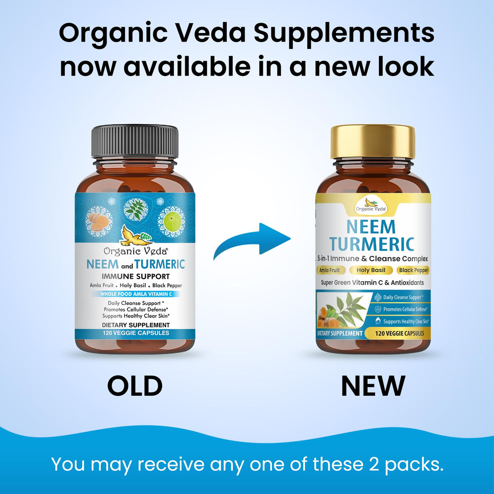 Organic Veda 5-in-1 immune complex capsules on label highlights multi-benefit formula.