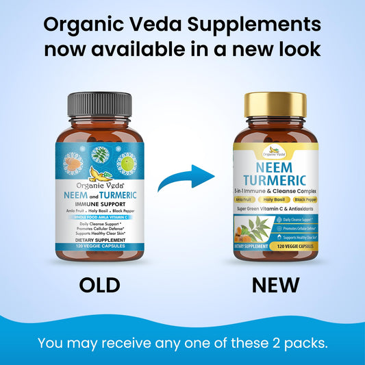Organic Veda 5-in-1 immune complex capsules on label highlights multi-benefit formula.