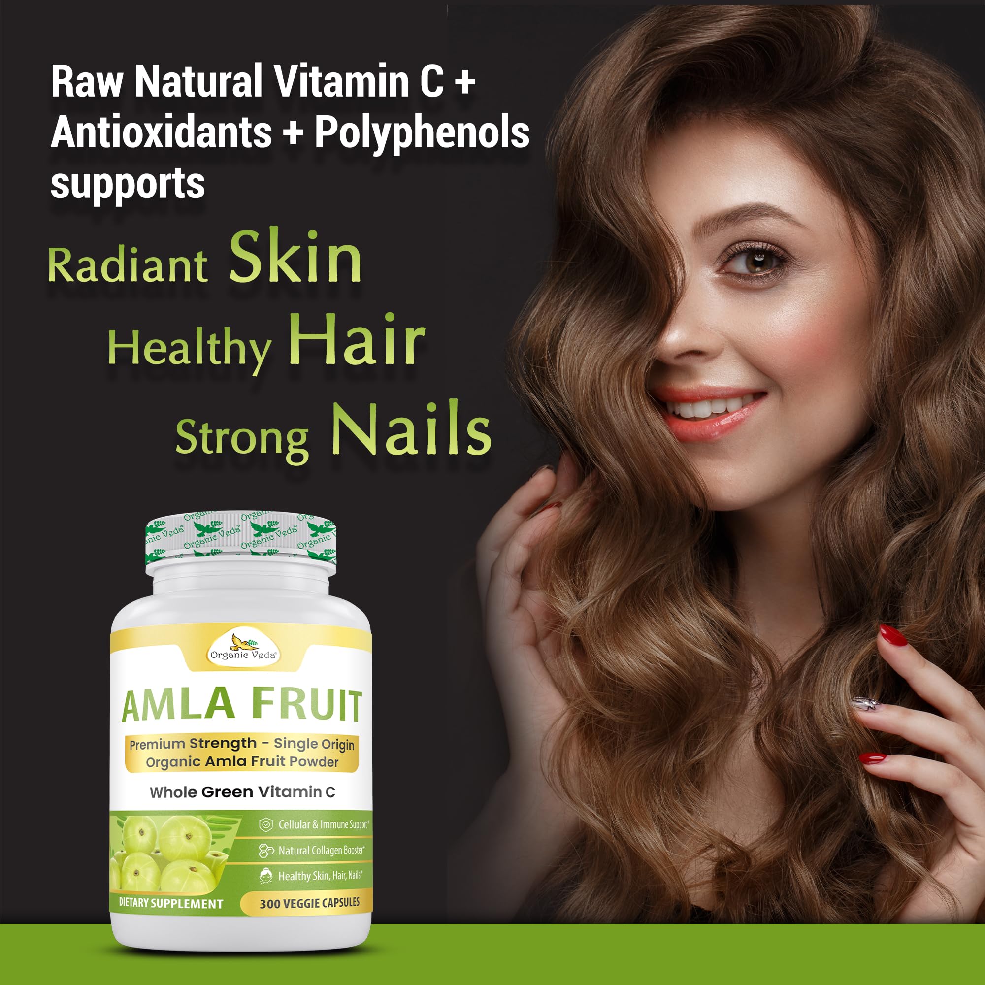 Organic Veda amla capsules with label indicating vegan and gluten-free lifestyle
