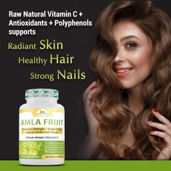 Organic Veda amla capsules with label indicating vegan and gluten-free lifestyle