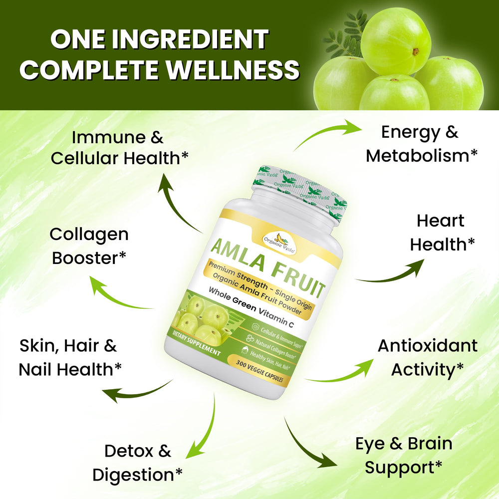 Organic Veda amla label packaging emphasizing vegan, gluten-free, non-GMO promise