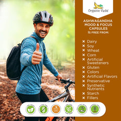 Organic Veda Ashwagandha ingredients bottle highlights adaptogenic blend.