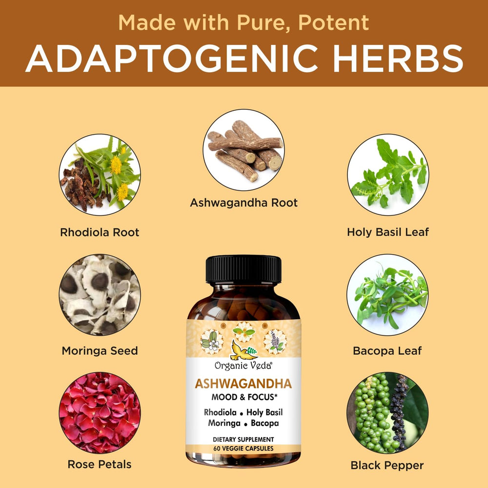 Organic Veda Ashwagandha label close-up highlighting organic ingredients.