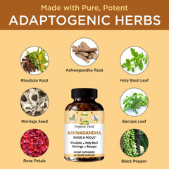 Organic Veda Ashwagandha label close-up highlighting organic ingredients.