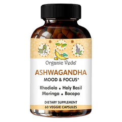 Organic Veda Ashwagandha Mood Support bottle for calm mood support.