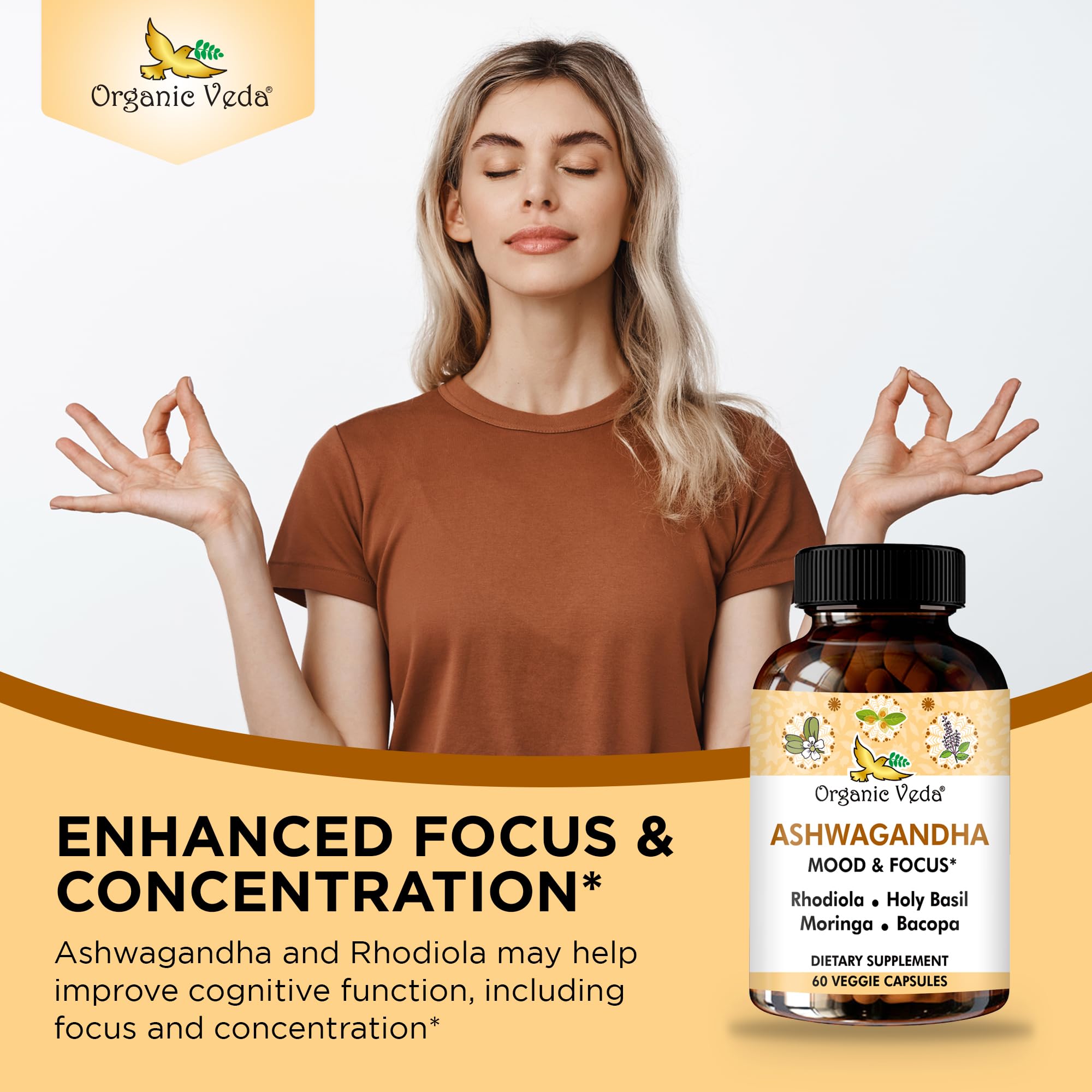 Organic Veda Ashwagandha capsules being poured for daily calm and focus.