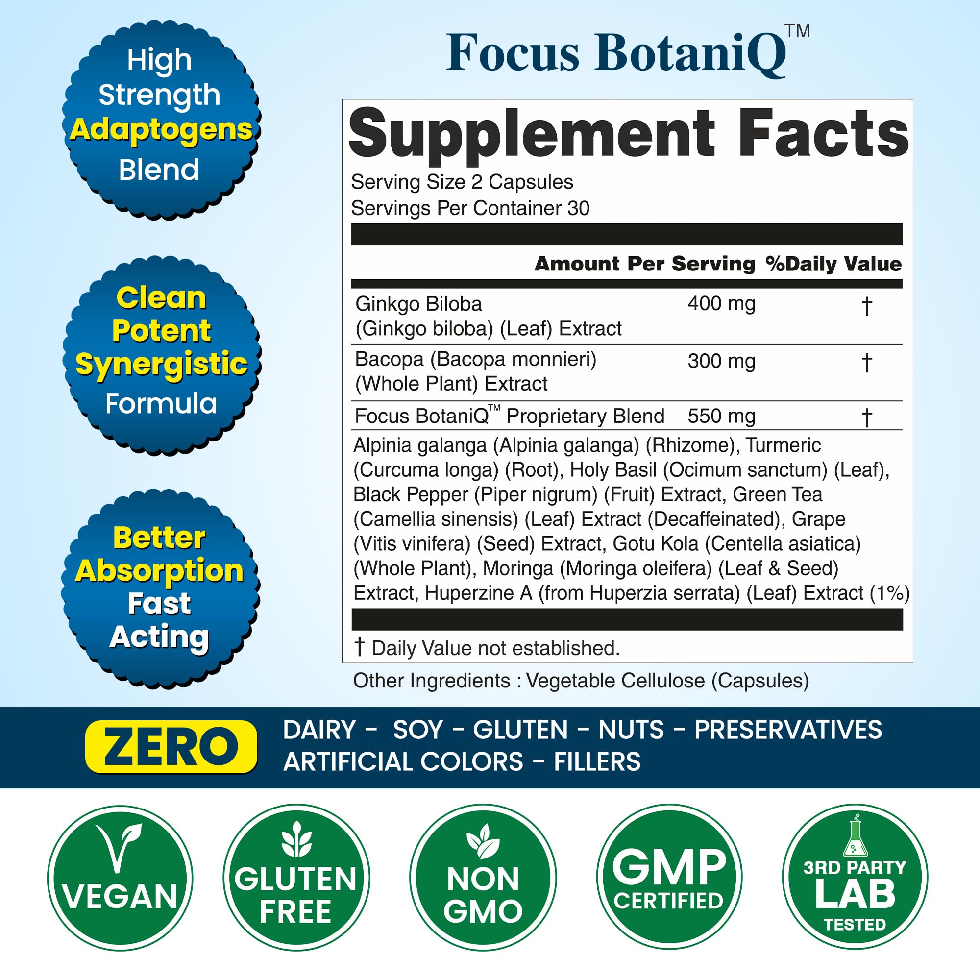 Organic Veda bottle in package highlights vegan formula for daily cognitive wellness