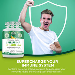 Kitchen scene with Organic Veda greens capsules for daily nutrition.