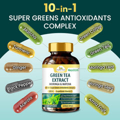 Organic Veda MetaGREENS capsules close-up shows plant-based antioxidant support.