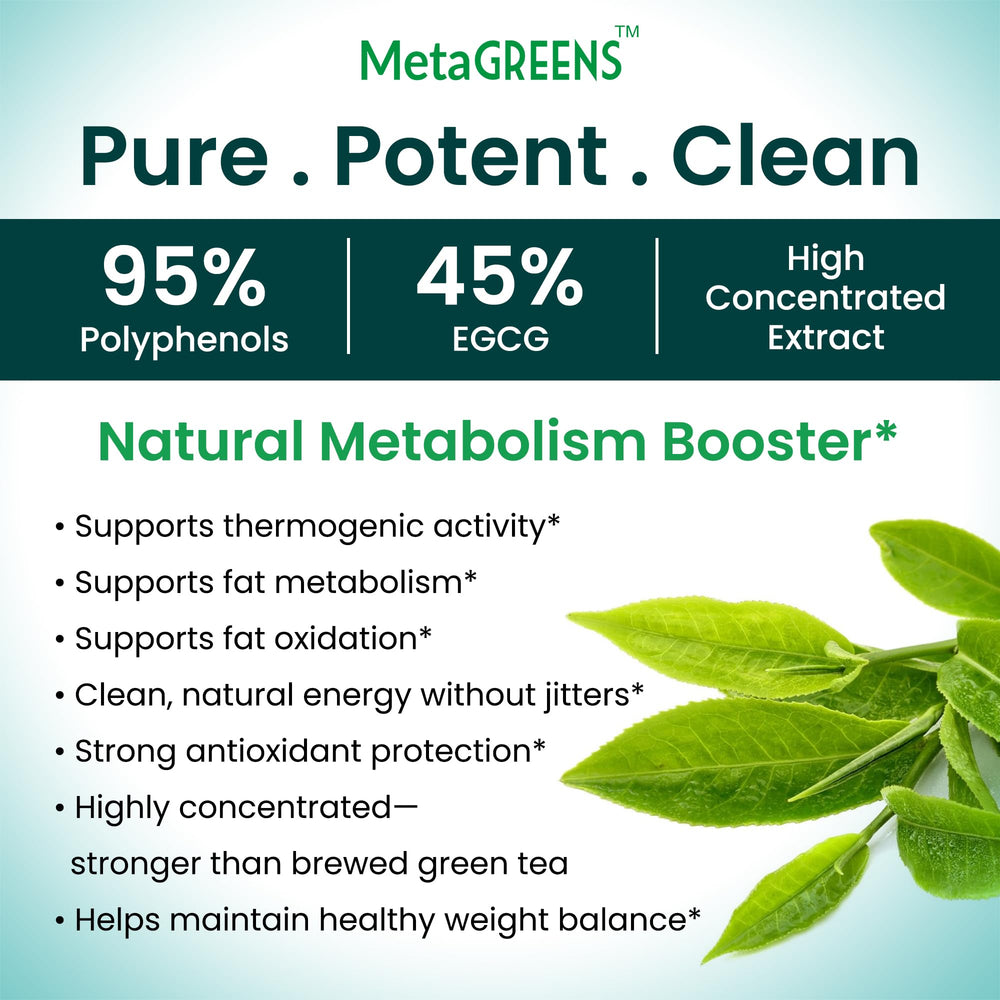 Organic Veda MetaGREENS capsules beside water for easy daily intake.