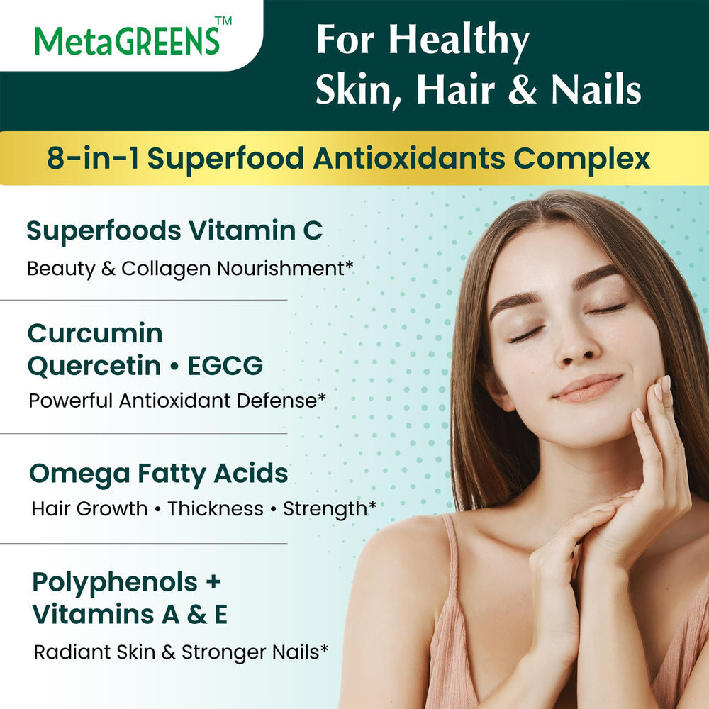 Organic Veda MetaGREENS greens and herbs close-up emphasizing antioxidant ingredients.