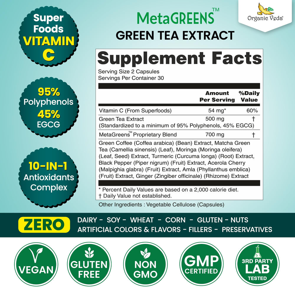 Organic Veda MetaGREENS vegan capsules ready for daily wellness.