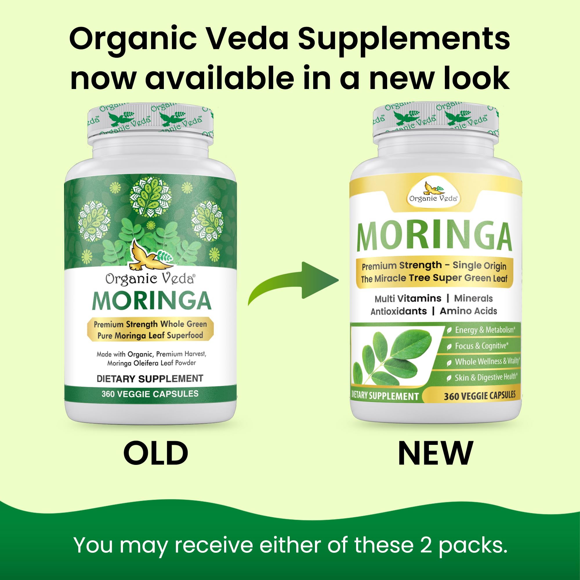 Organic Veda Moringa capsules bottle closeup shows vegan high-strength supplement.