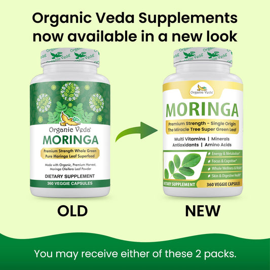 Organic Veda Moringa capsules bottle closeup shows vegan high-strength supplement.