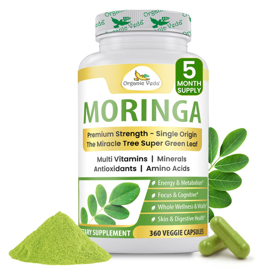Organic Veda Moringa capsules bottle front highlights daily energy support.