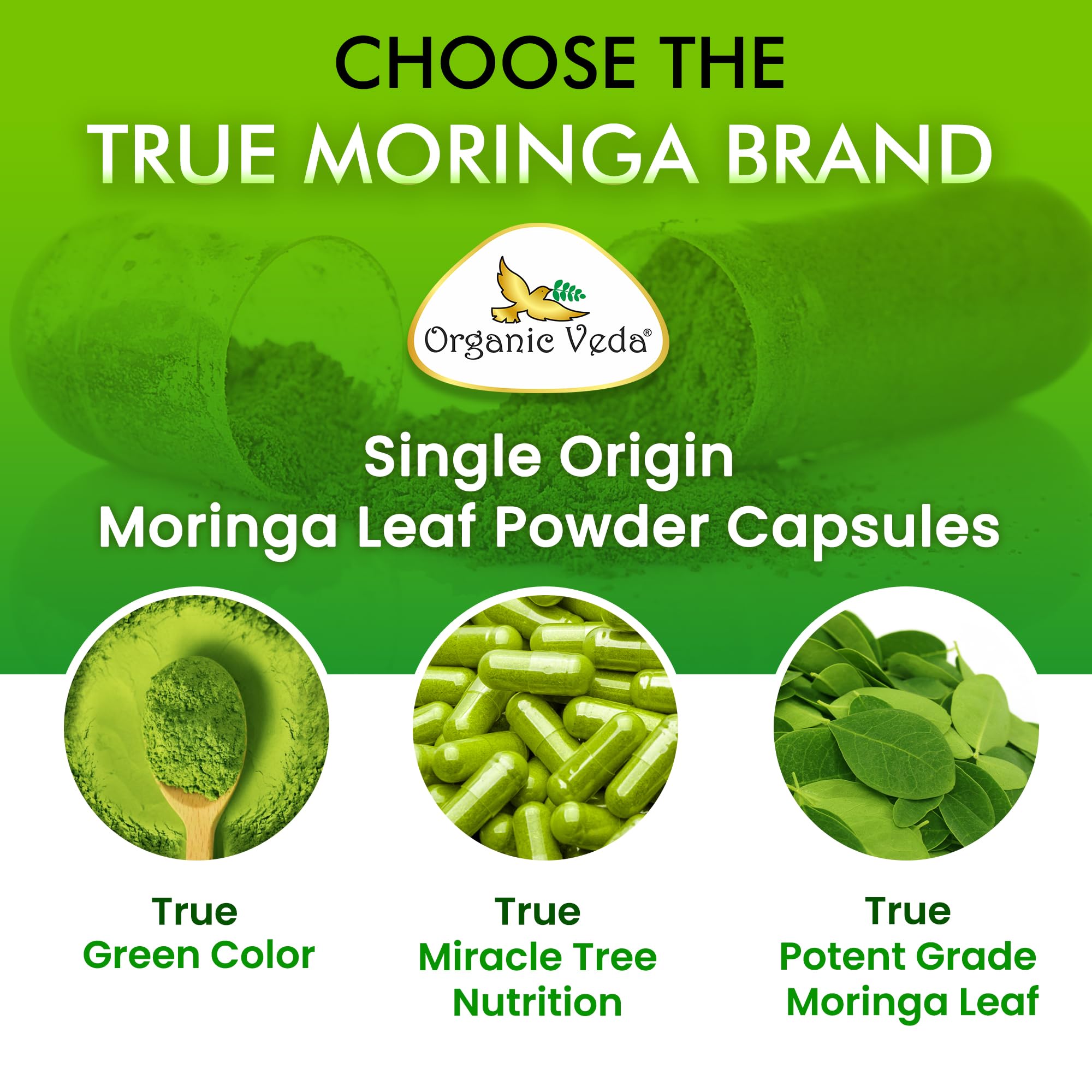 Organic Veda Moringa capsules against a neutral backdrop convey trusted premium supplement.
