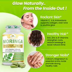Organic Veda Moringa capsules on a table imply a consistent wellness routine.
