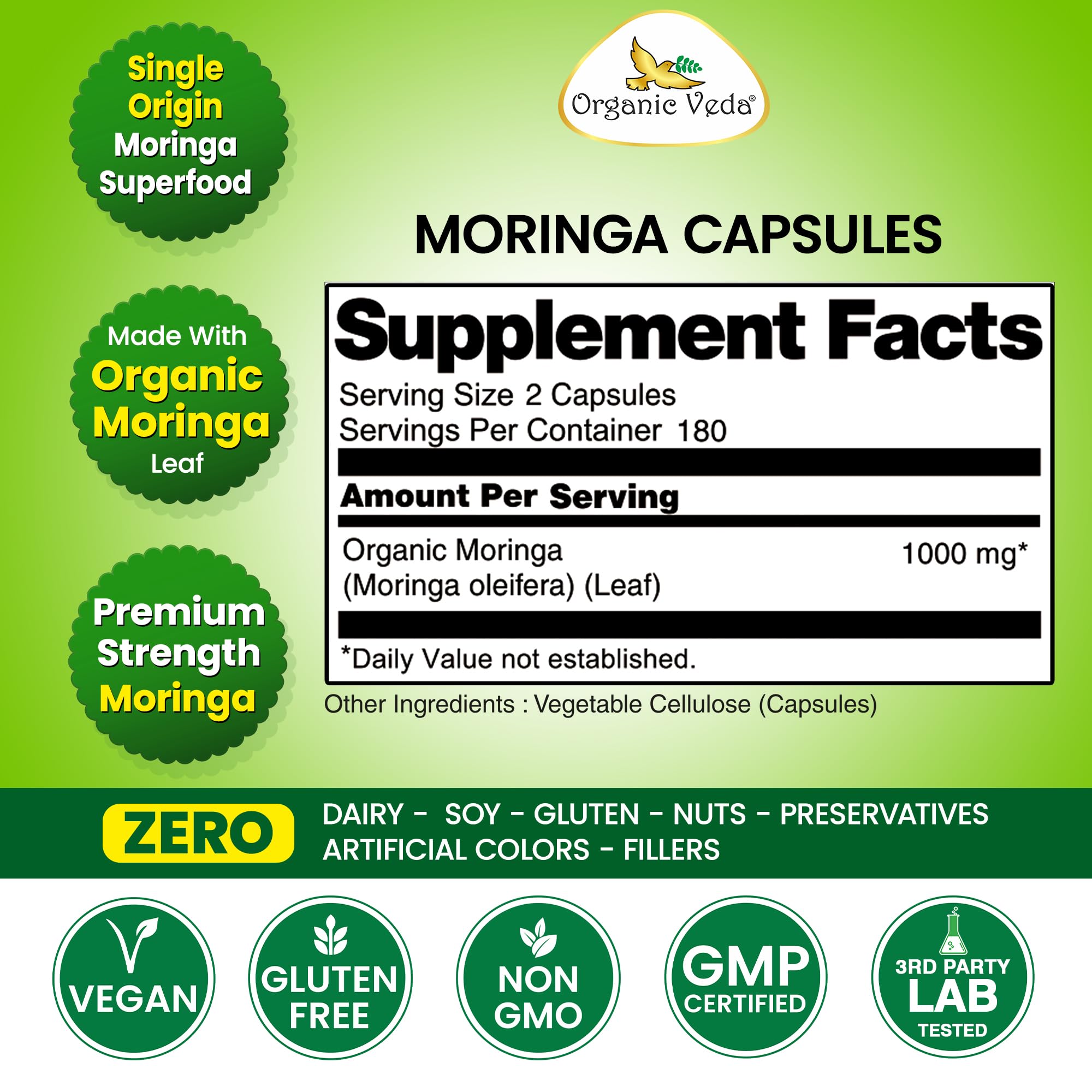Organic Veda Moringa packaging highlights sustainable vegan production.