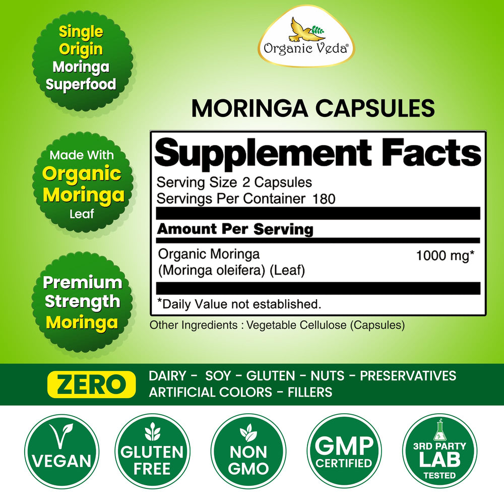 Organic Veda Moringa packaging highlights sustainable vegan production.