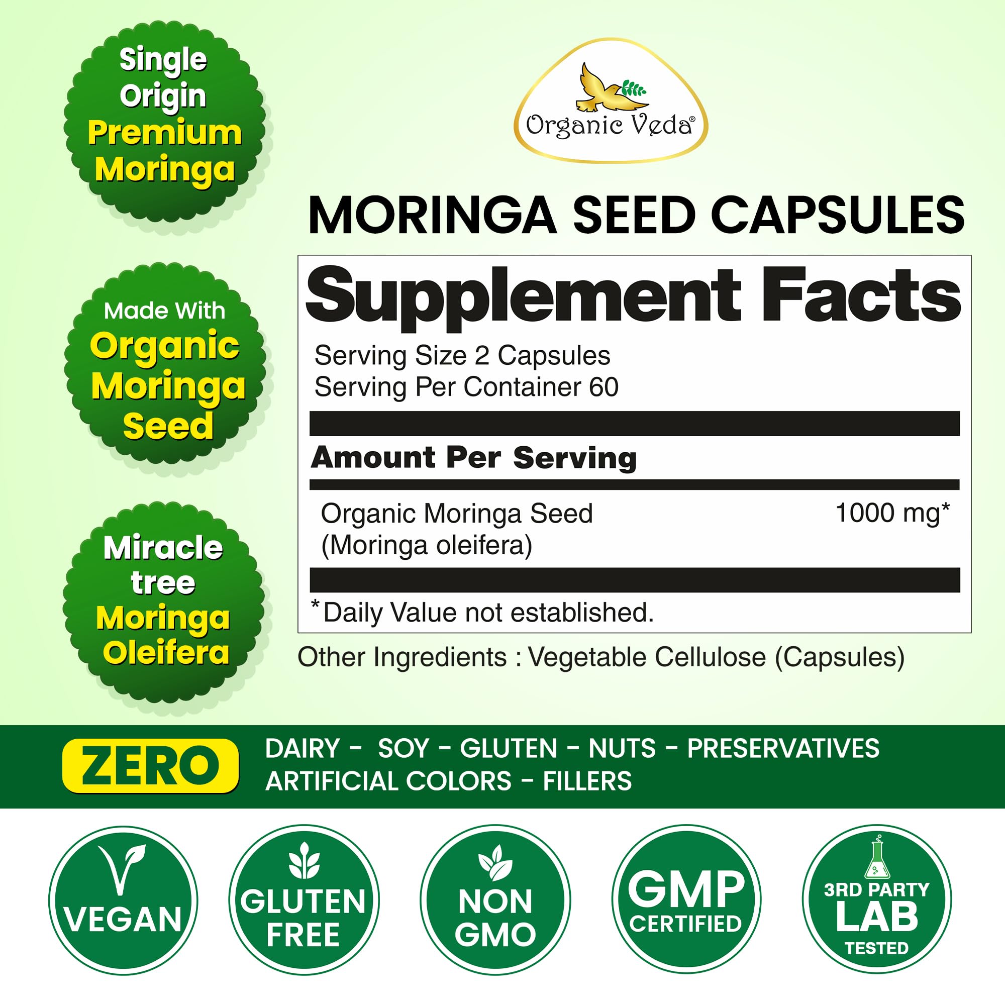 Organic Veda Moringa Seed Capsules close-up, easy daily dosing
