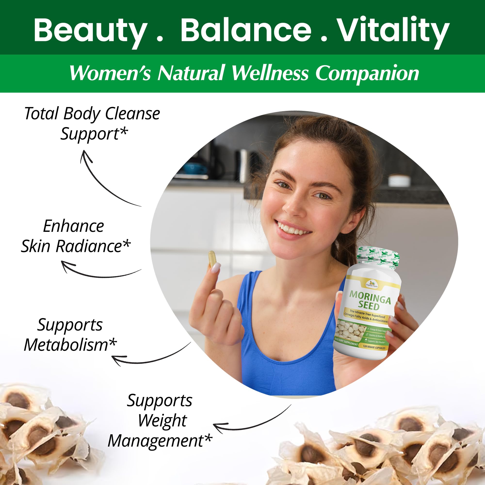 Organic Veda Moringa Seed Capsules dissolving in water, quick intake