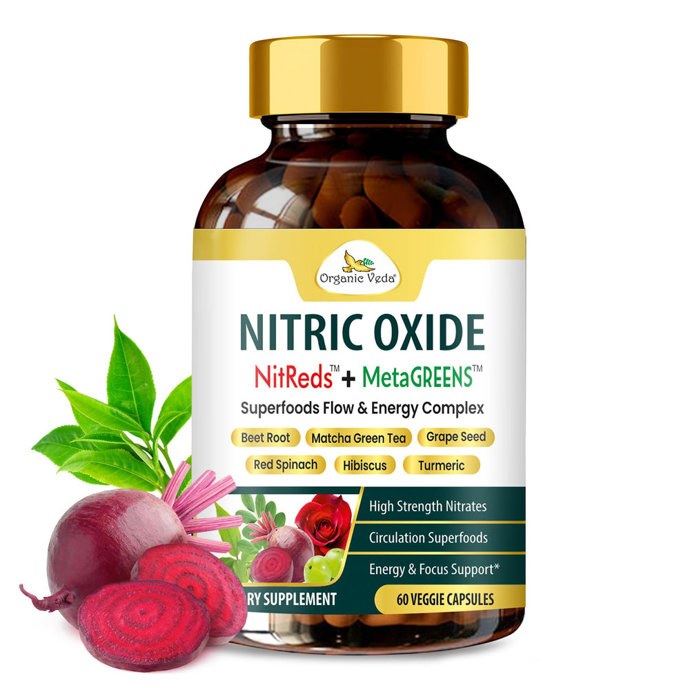 Organic Veda NitReds bottle front highlighting nitric oxide support for circulation.