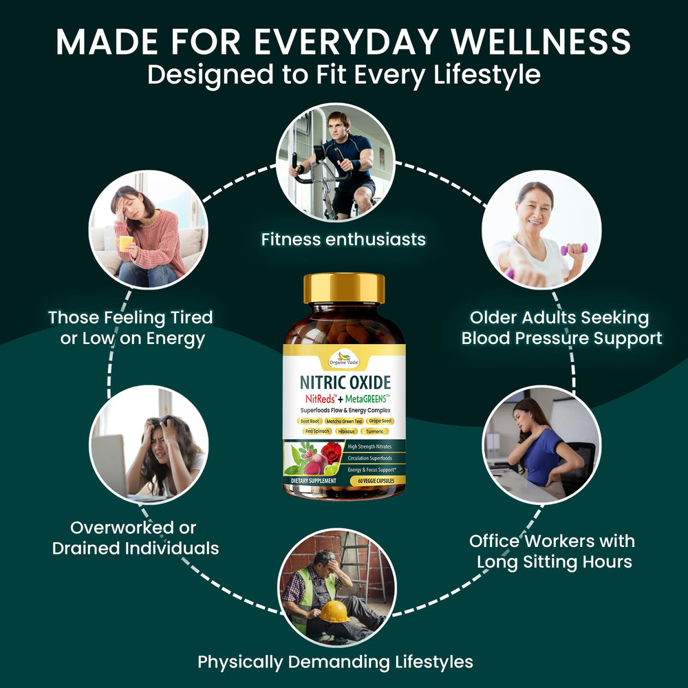 Lifestyle shot with Organic Veda NitReds and MetaGREENS offering energy and balance.