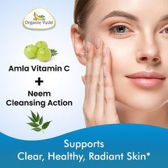 Organic Veda Packaging front view highlights sustainable, clean daily wellness routine.