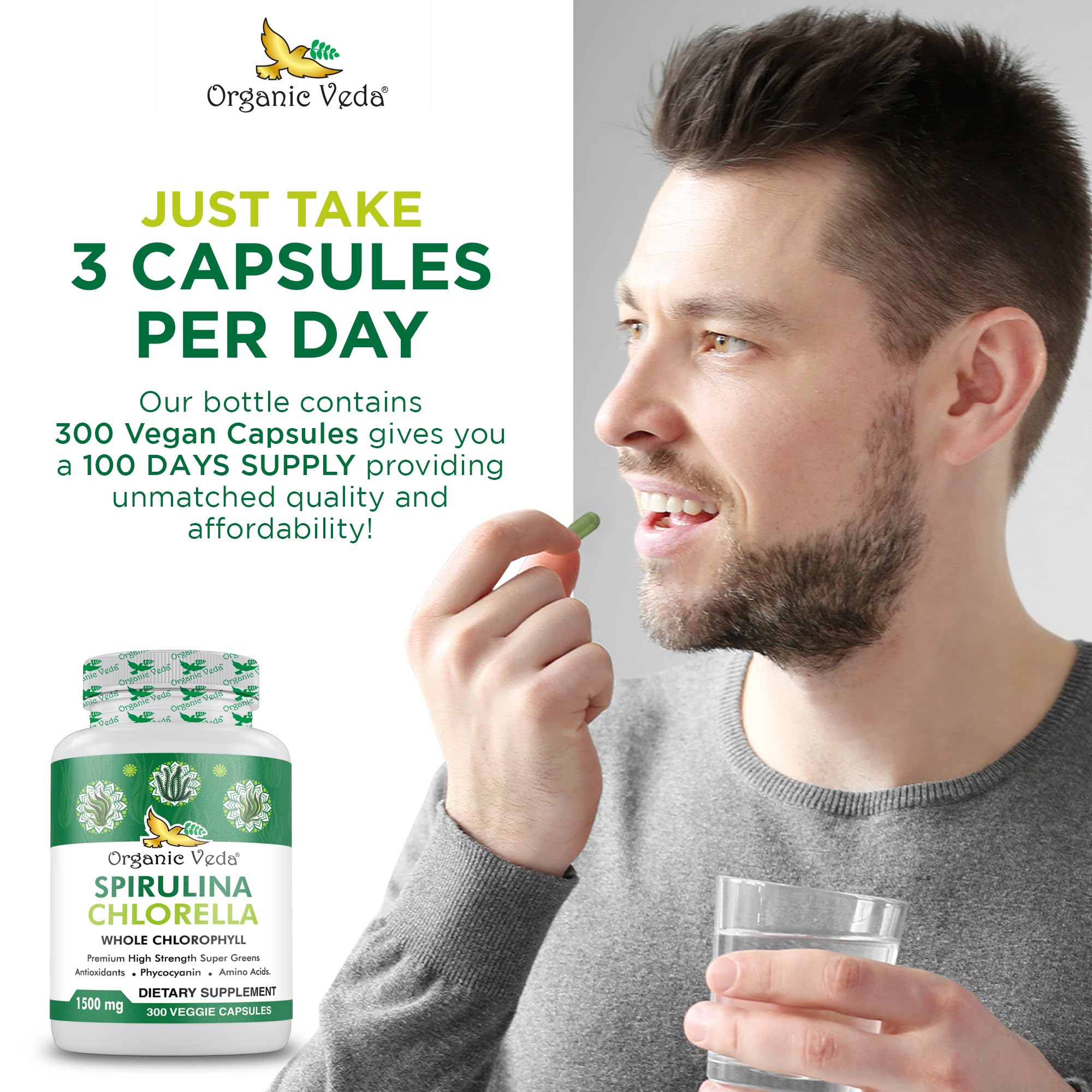 Bottle with Organic Veda spirulina and chlorella capsules.
