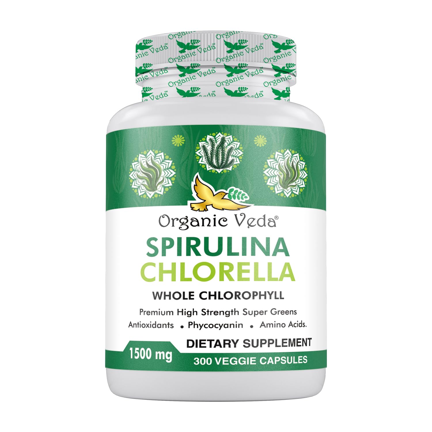Organic Veda Spirulina & Chlorella capsules in bottle for daily green energy support.