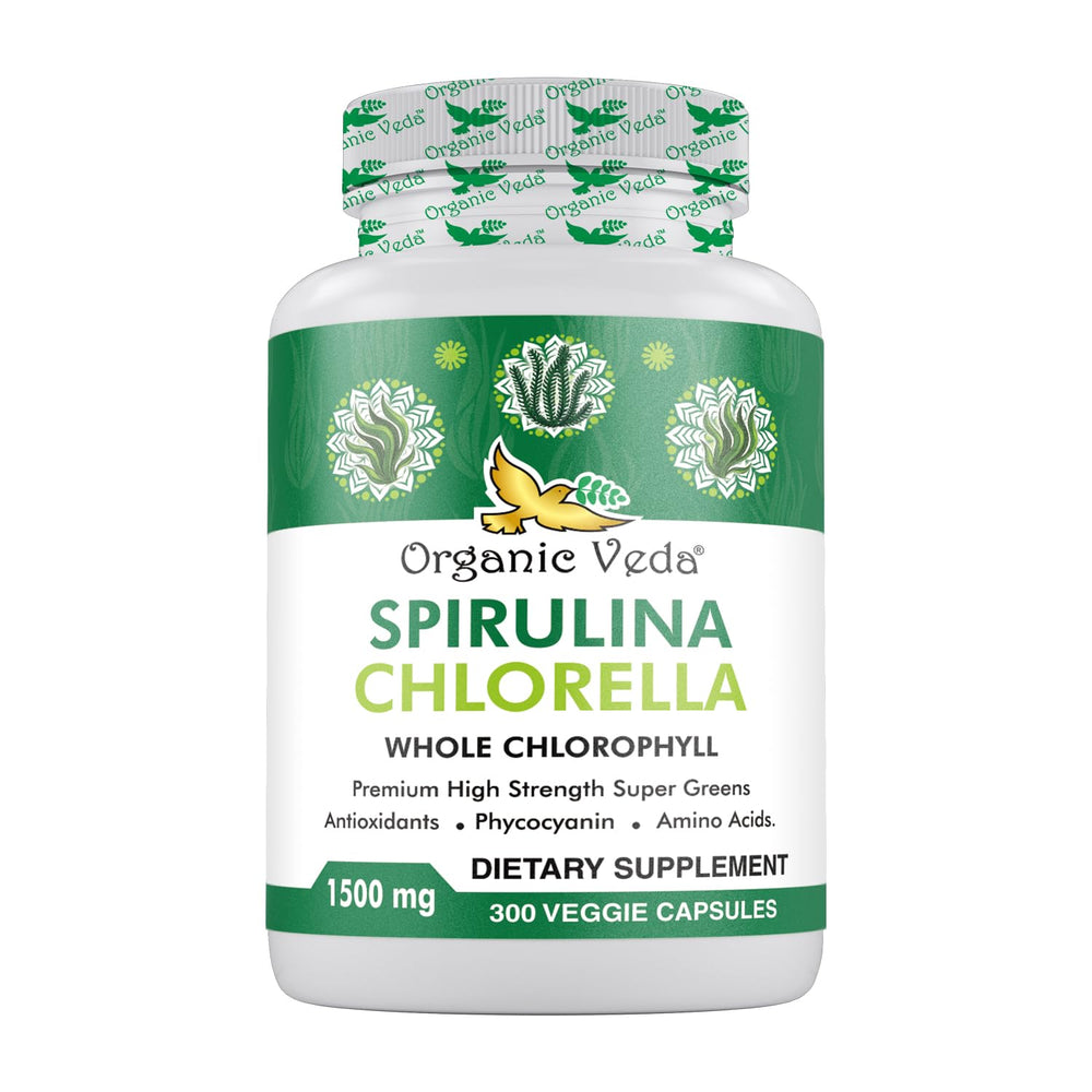 Organic Veda Spirulina & Chlorella capsules in bottle for daily green energy support.