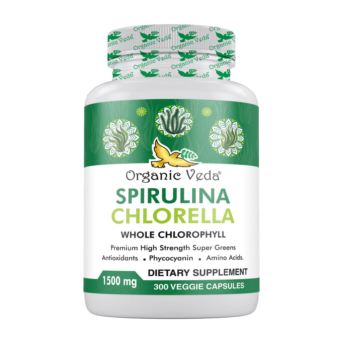 Organic Veda Spirulina & Chlorella capsules in bottle for daily green energy support.