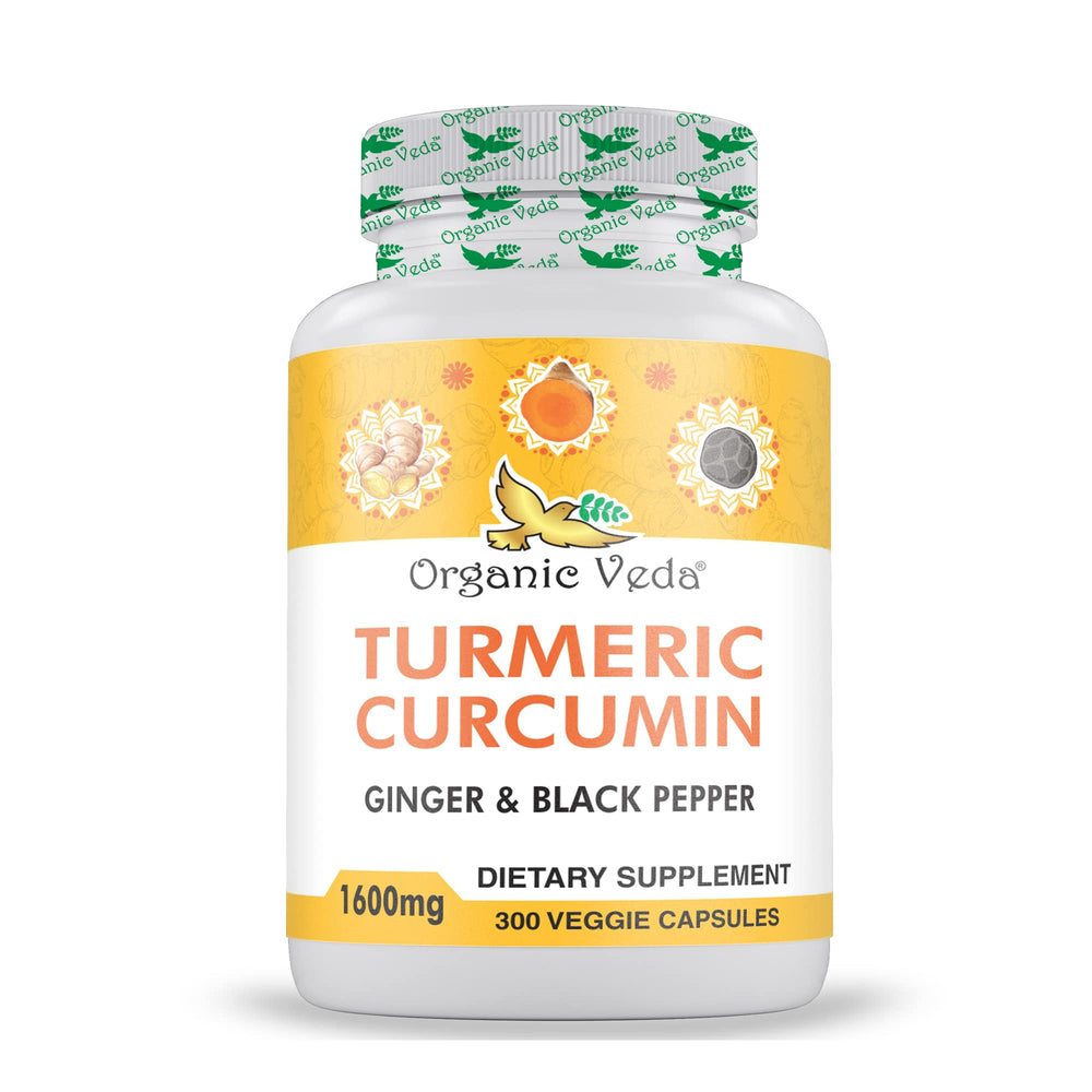Organic Veda turmeric ginger capsules bottle for daily wellness routine