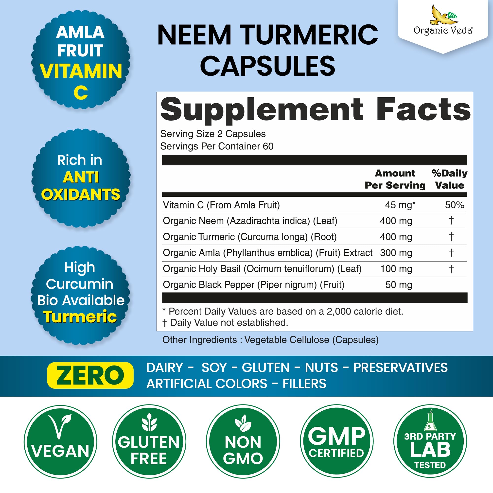 Organic Veda Capsules close-up reveals small vegan capsules for easy daily use.